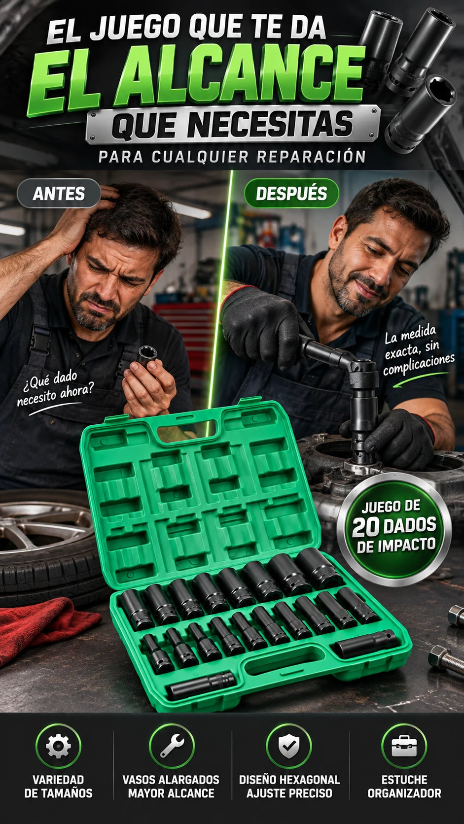 Juego de 20 Dados de Impacto — Más alcance para reparaciones difíciles