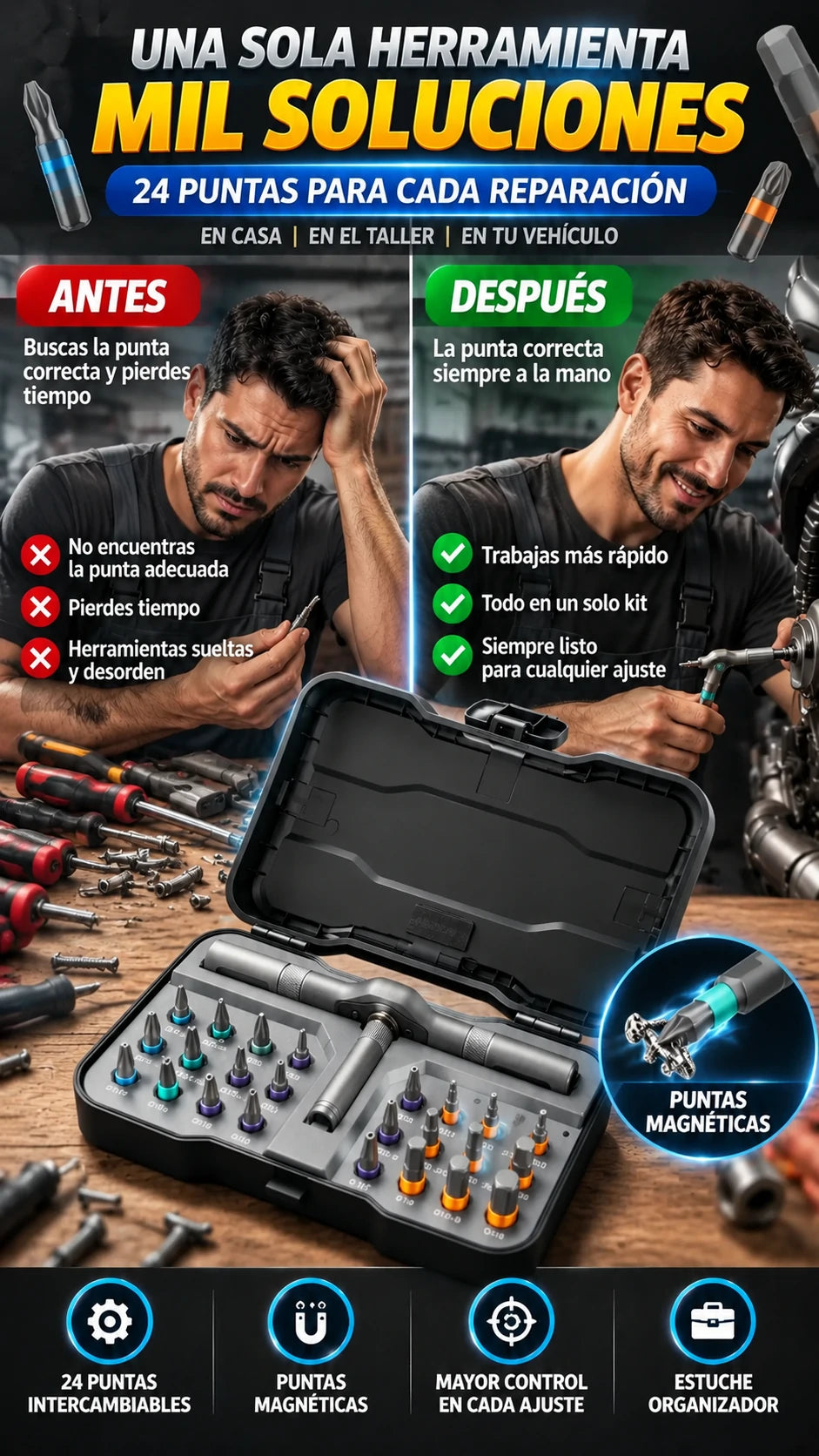 Kit de Destornillador Magnético con 24 Puntas Intercambiables — Más opciones para cada reparación