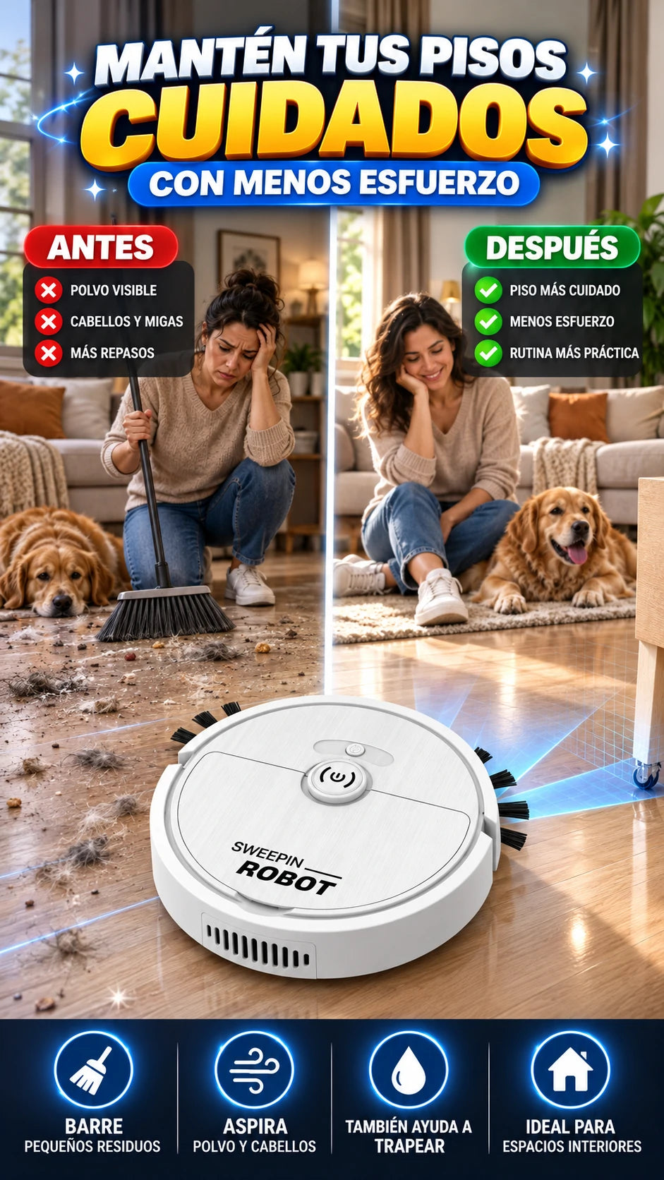 Robot Aspirador y Trapeador Automático 3 en 1 — Mantén tus pisos cuidados con menos esfuerzo
