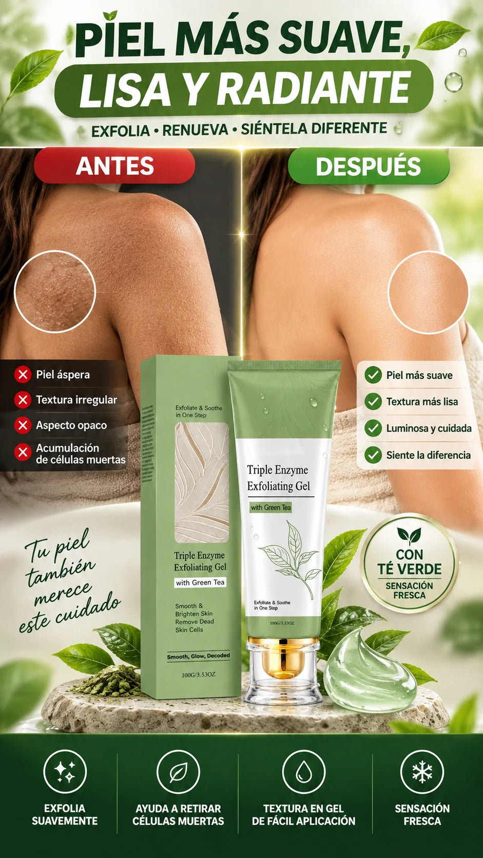 Gel Exfoliante Triple Enzima con Té Verde — Piel más suave y lisa