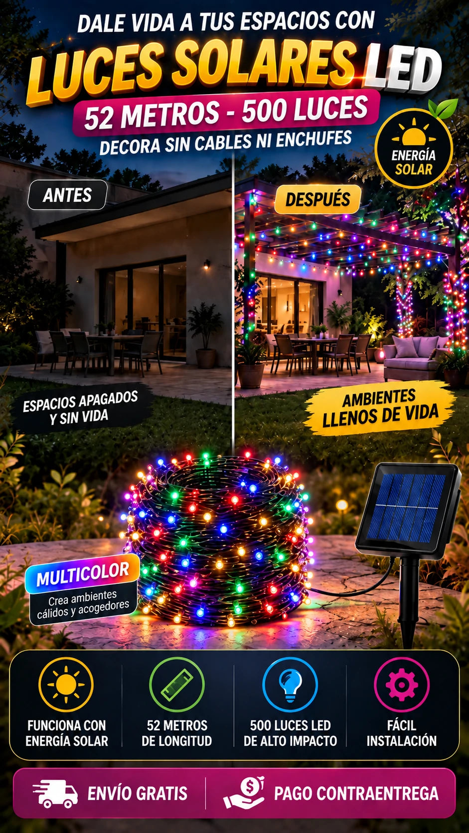 Cadena de Luces Solares LED de 52 m y 500 LED — Decora exteriores sin depender de enchufes