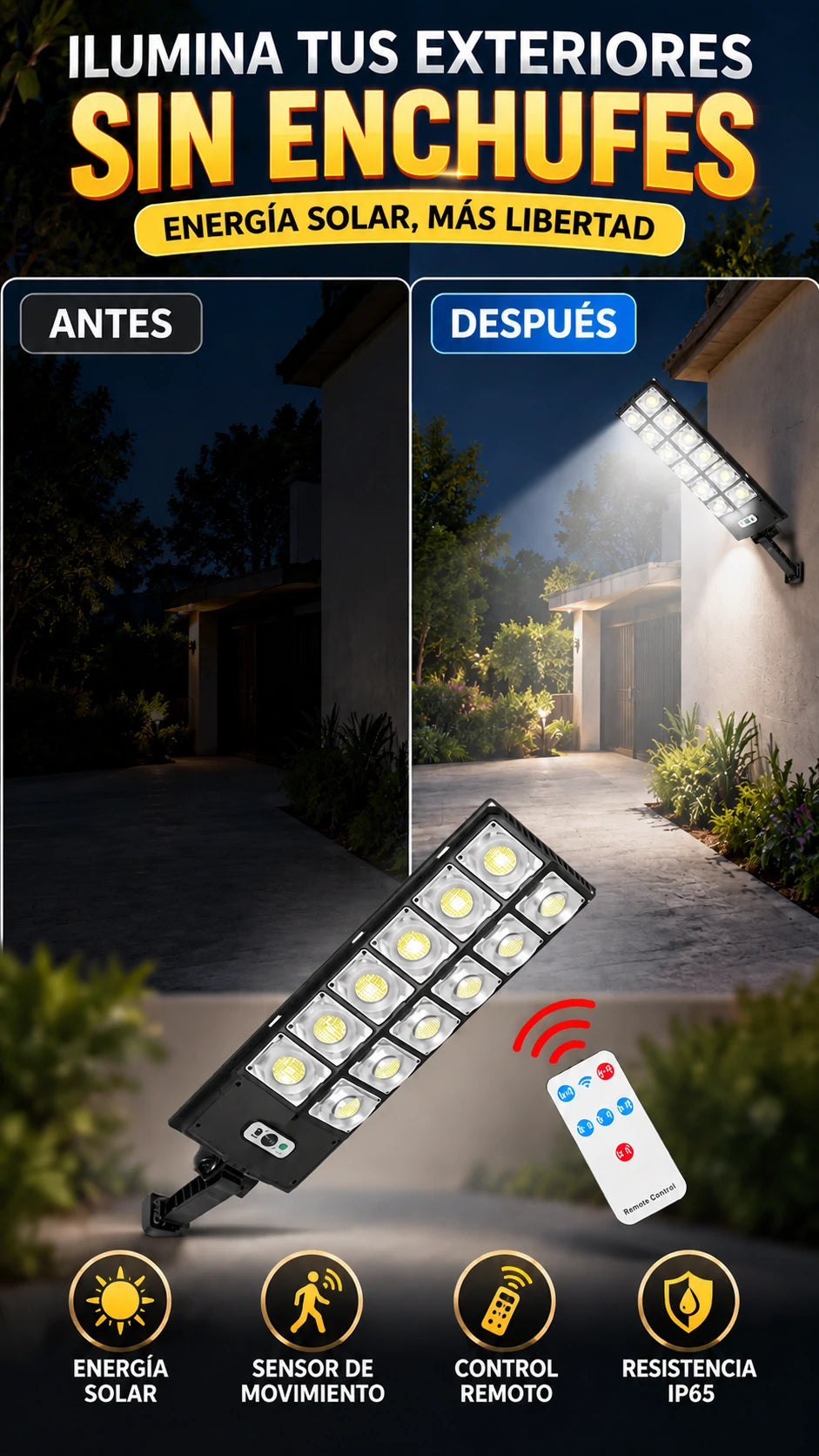 Luz Solar LED Exterior 300W — Ilumina zonas sin enchufes