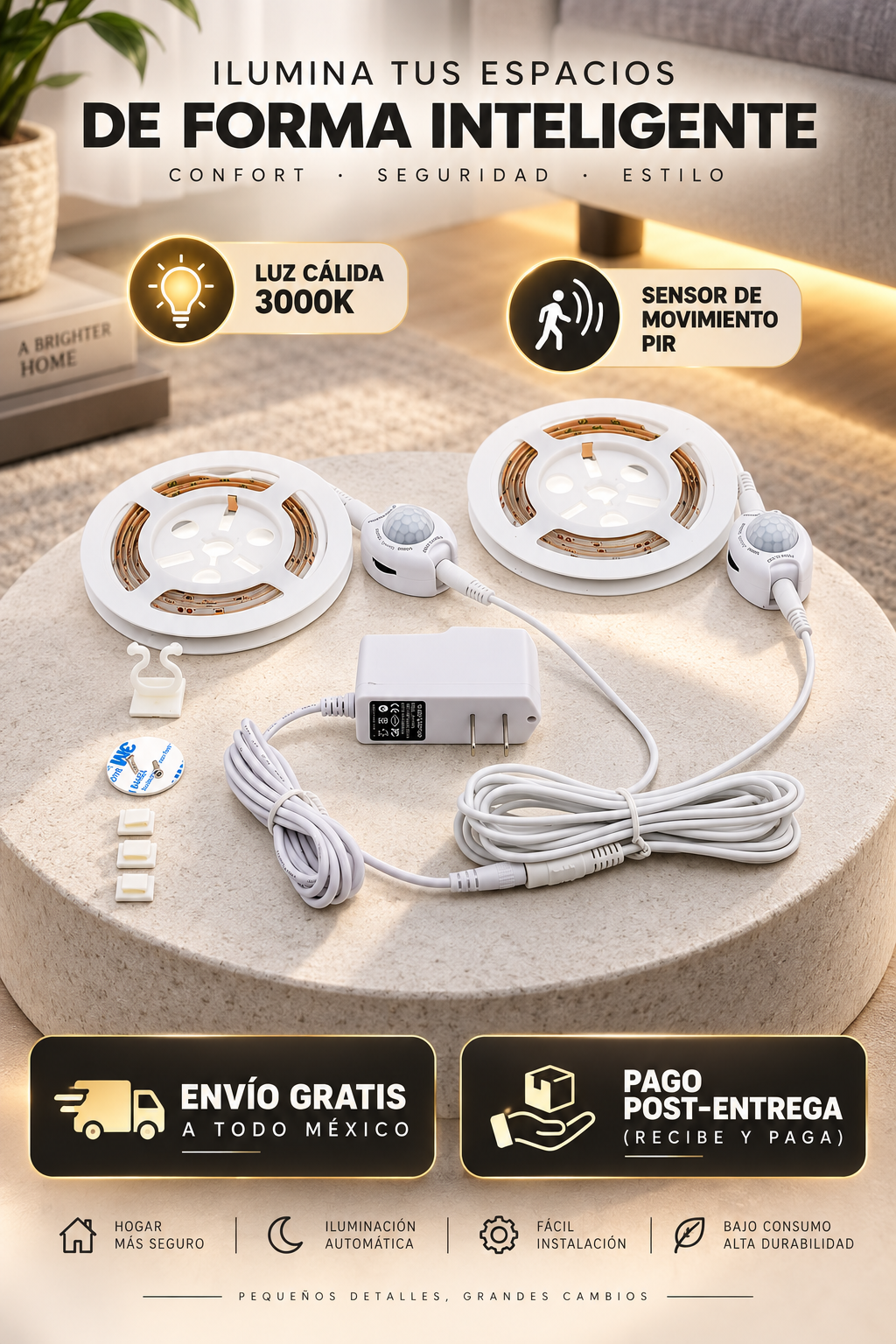 Kit de iluminación bajo cama con luz cálida 3000K y sensor de movimiento PIR