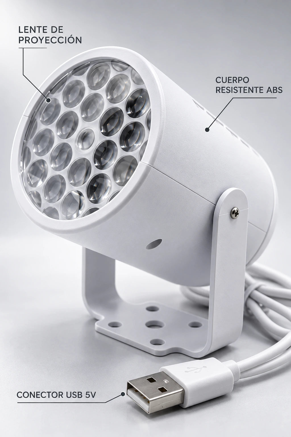 Proyector LED navideño con detalles técnicos
