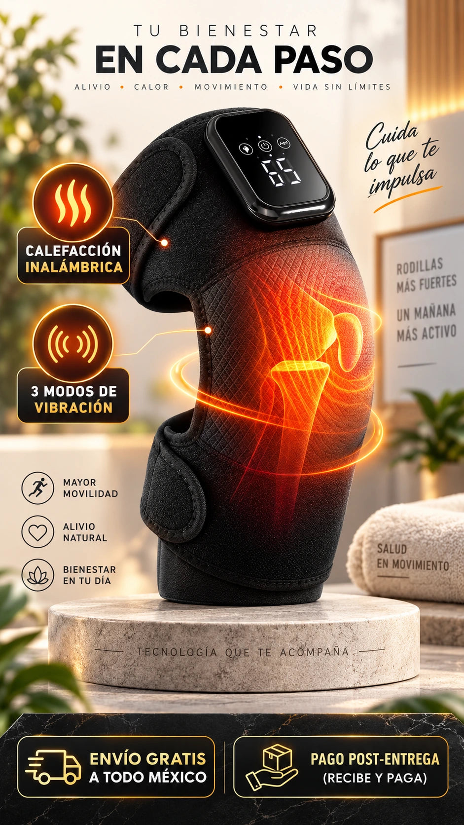 Rodillera térmica inalámbrica con 3 modos de vibración