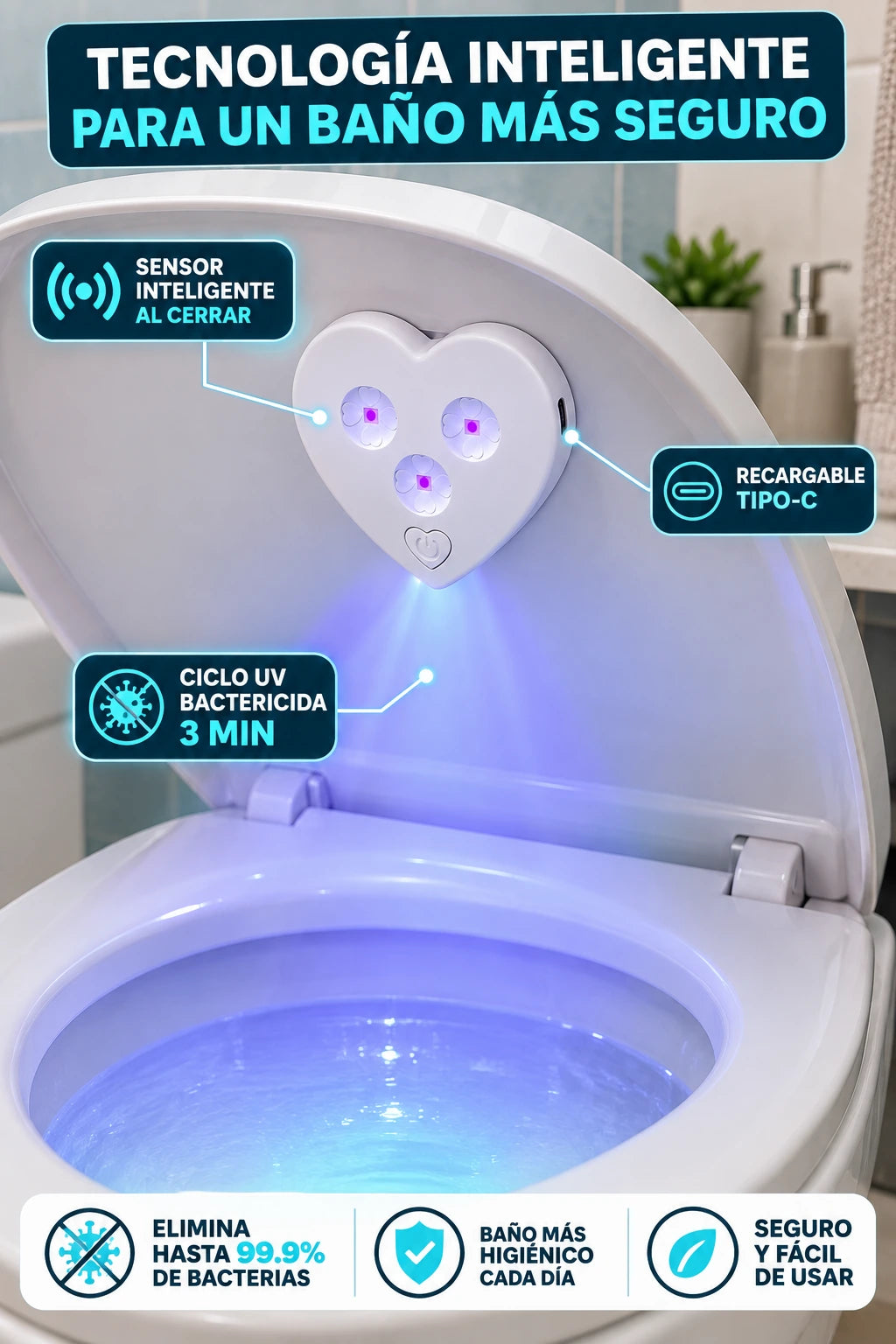 Esterilizador UV para baño - sensor inteligente, ciclo UV y recarga Tipo-C