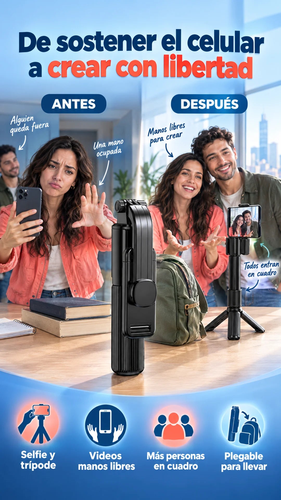 Palo selfie 2 en 1 con trípode — Grábate y captura tus momentos sin pedir ayuda