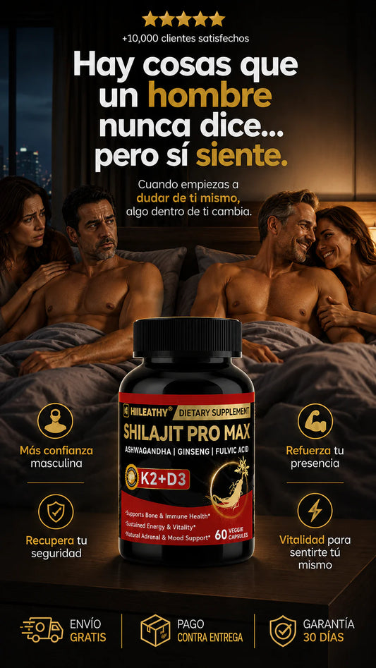 Suplemento dietético de la marca HIILEATHY llamado Shilajit Pro Max, diseñado para hombres
