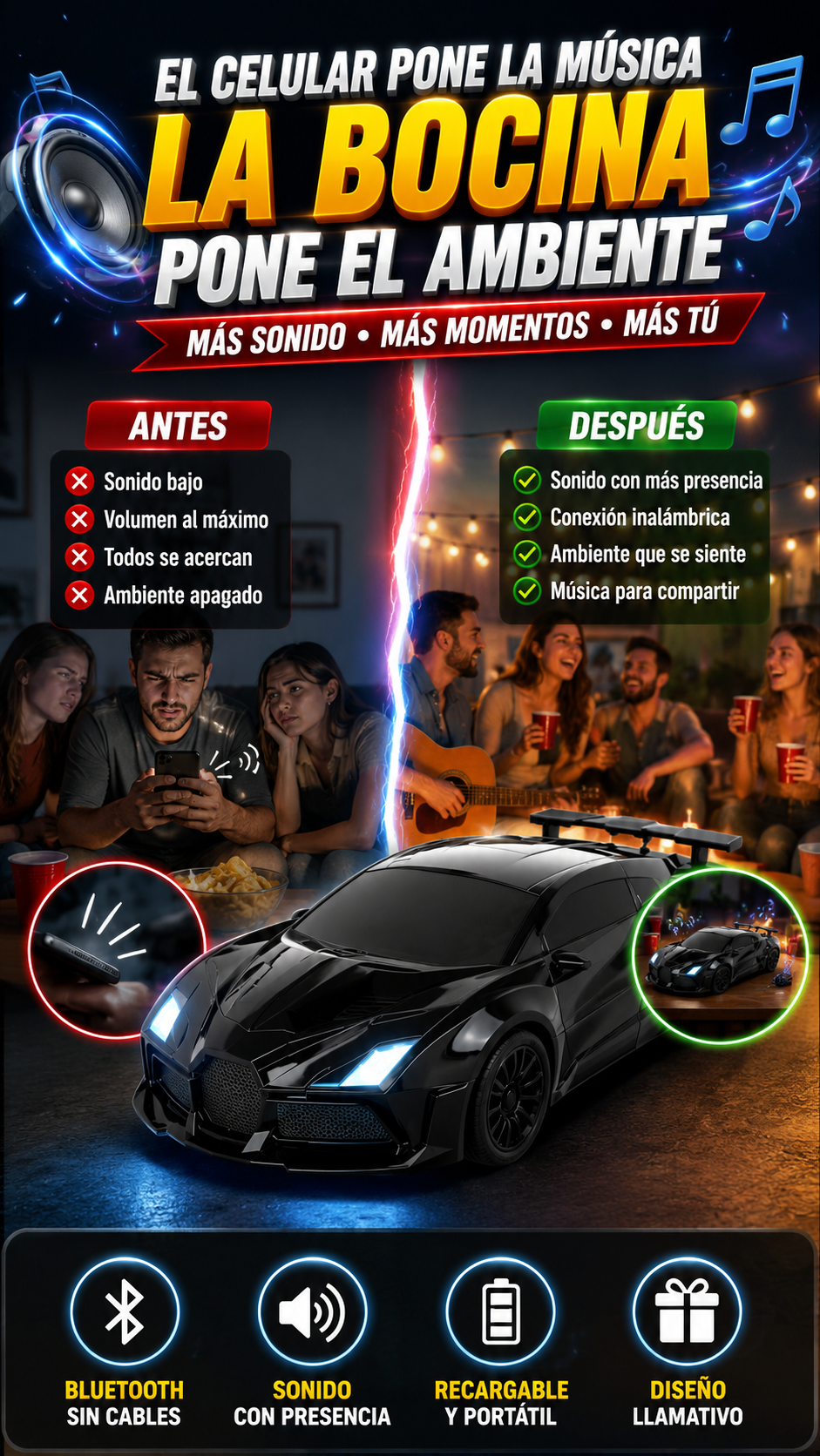Bocina Bluetooth Portátil con Diseño de Auto — Lleva tu música a más lugares