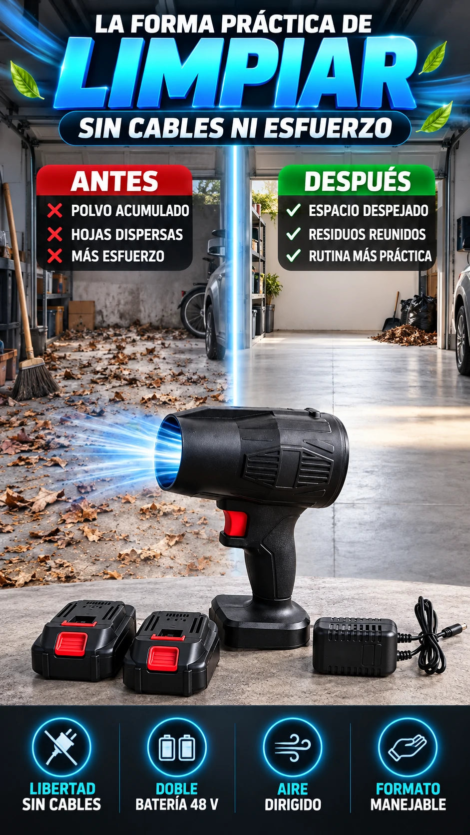 Sopladora Inalámbrica de 48 V — Limpia sin cables ni esfuerzo