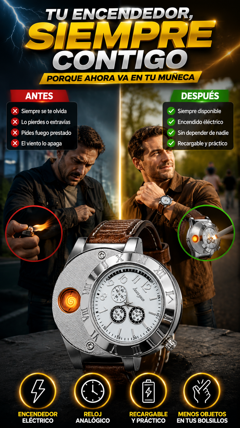 Reloj Analógico con Encendedor Eléctrico Recargable — Lleva tu encendedor siempre contigo