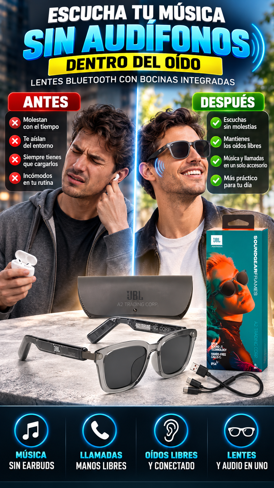 Lentes Bluetooth con Bocinas Integradas — Escucha sin taparte los oídos