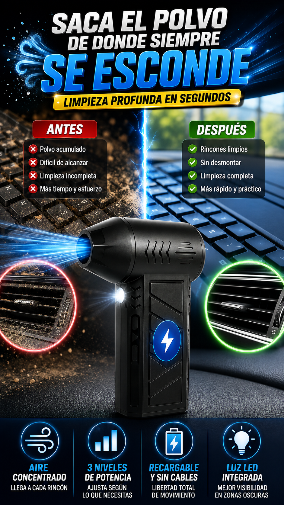 Soplador de Aire Inalámbrico Recargable — Saca polvo de lugares difíciles