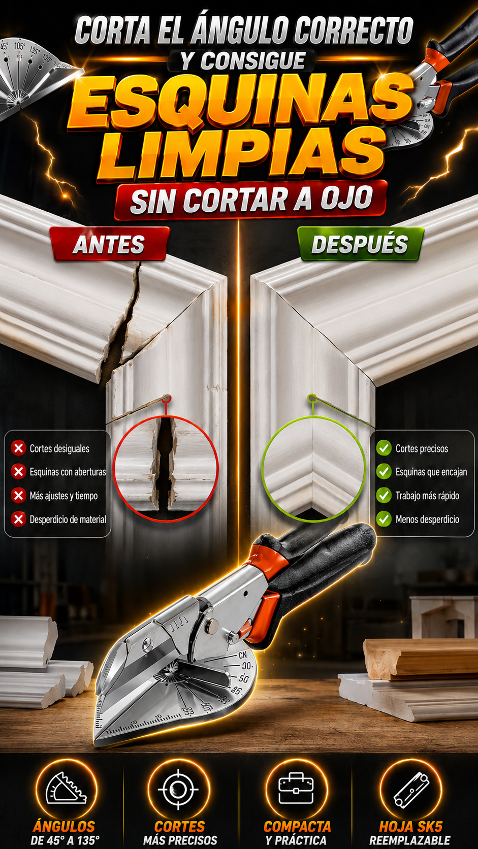 Tijera Inglete Cortadora Multiángulo — Esquinas limpias sin cortar a ojo