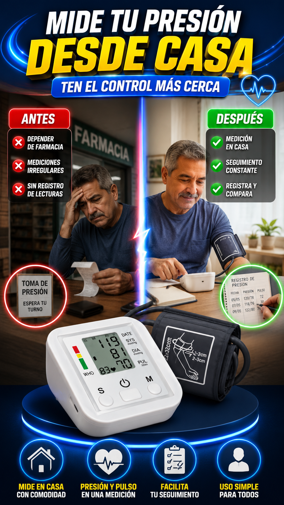 Monitor Digital de Presión Arterial de Brazo — Mide tu presión desde casa