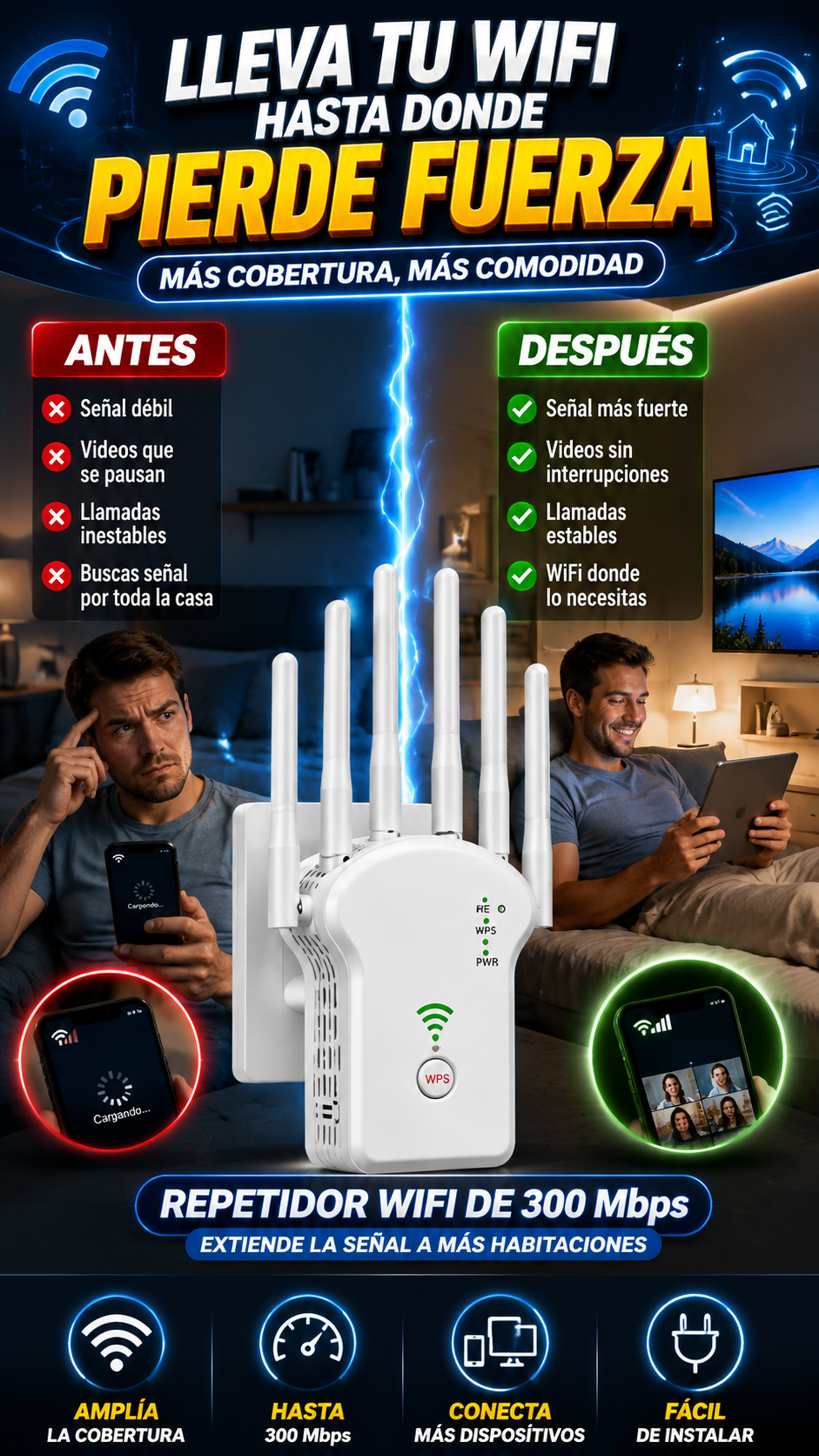 Repetidor WiFi de 300 Mbps — Extiende la señal a más habitaciones