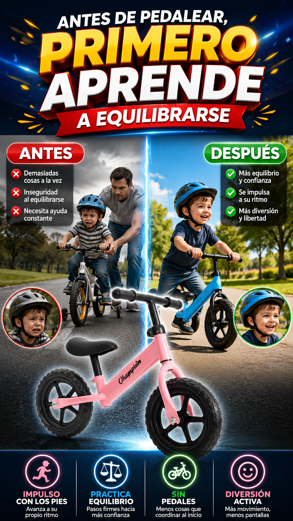 Bicicleta de Equilibrio Infantil sin Pedales — Aprende equilibrio antes de pedalear