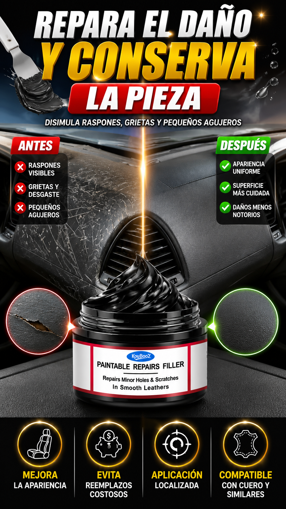 Reparador para Cuero — Disimula daños sin reemplazar la pieza