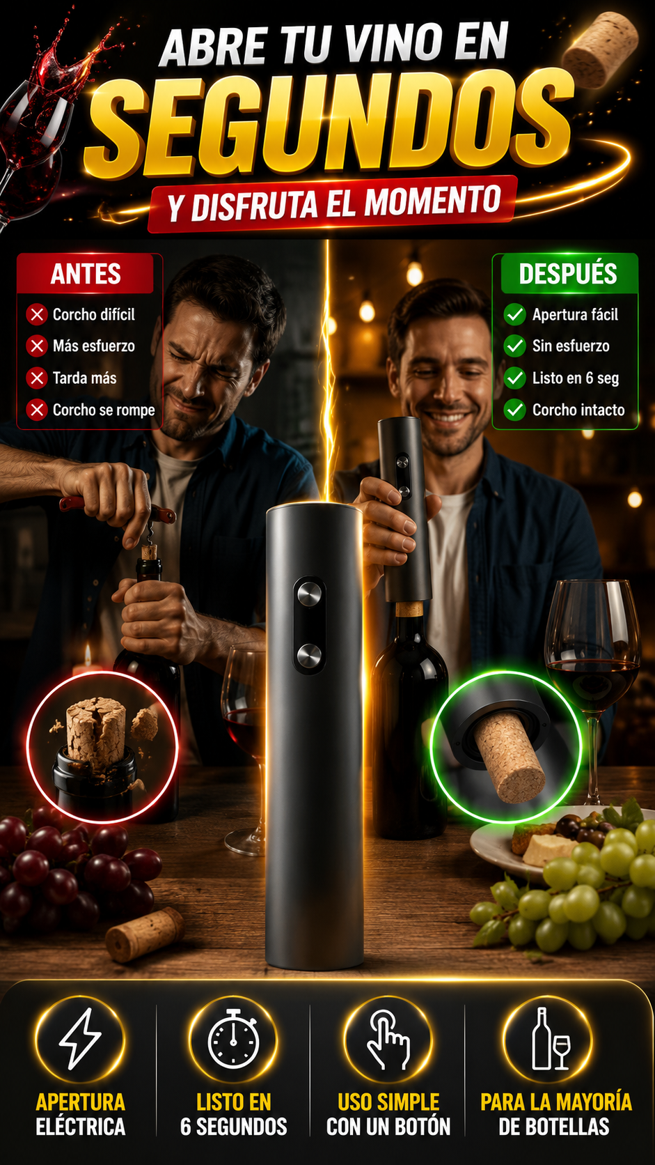 Sacacorchos Eléctrico para Botellas de Vino — Abre tus botellas sin esfuerzo