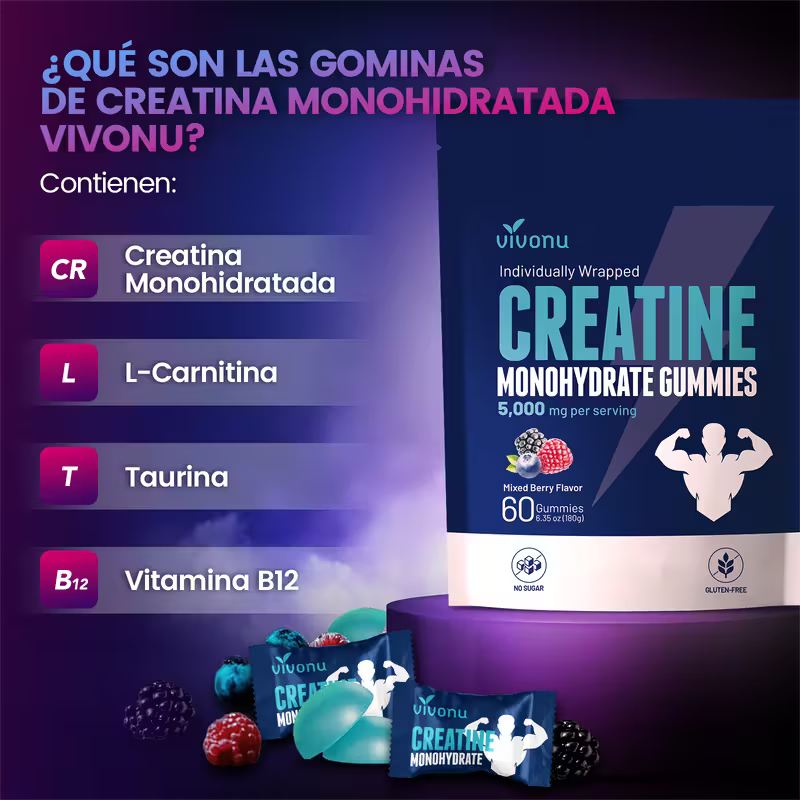 VIVONU Creatina en Gomitas 5000 Mg de Creatina Monohidrata por Porción | Sabor Mestizo de Frutas | Suplemento de Creatina Monohidratada Sin Azúcar (Apto para Hombres y Mujeres) | Suplemento Pre-Entreno Libre de Gluten.