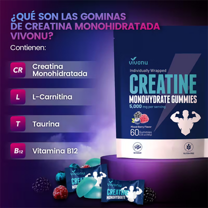 VIVONU Creatina en Gomitas 5000 Mg de Creatina Monohidrata por Porción | Sabor Mestizo de Frutas | Suplemento de Creatina Monohidratada Sin Azúcar (Apto para Hombres y Mujeres) | Suplemento Pre-Entreno Libre de Gluten.