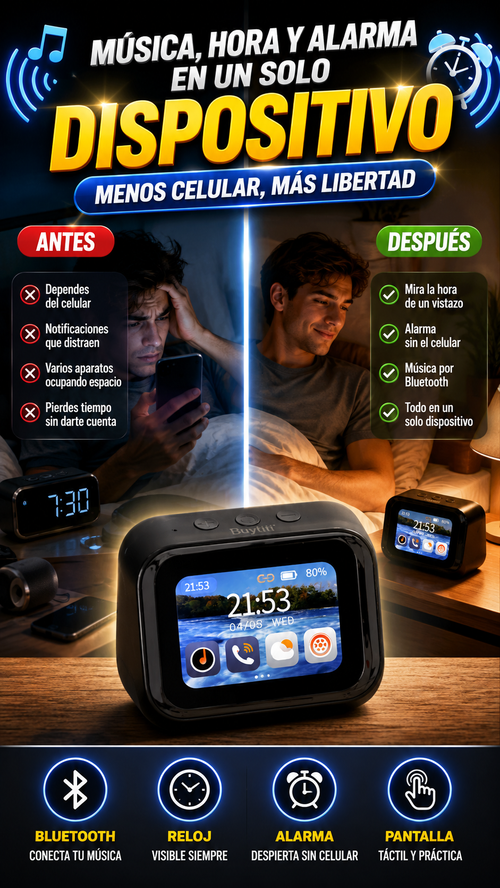 Bocina Bluetooth con Pantalla Táctil, Reloj y Despertador — Música, hora y alarma en uno