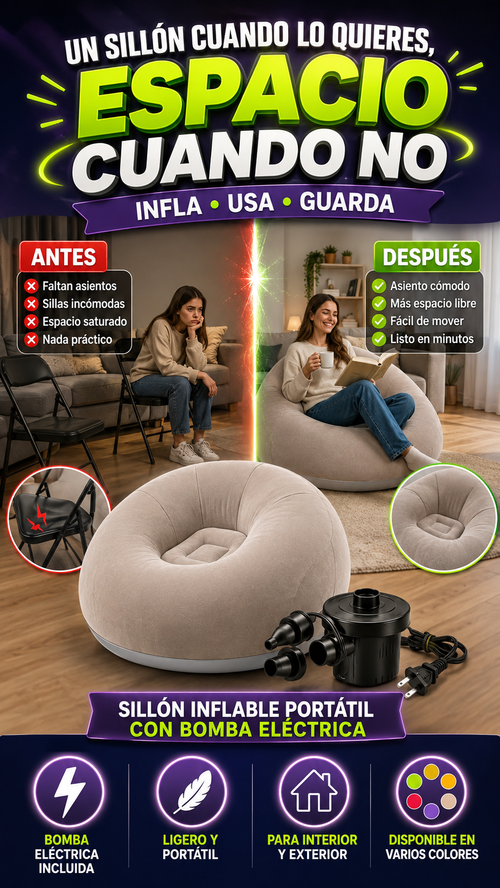 Sillón Inflable Portátil con Bomba Eléctrica — Comodidad sin ocupar espacio fijo