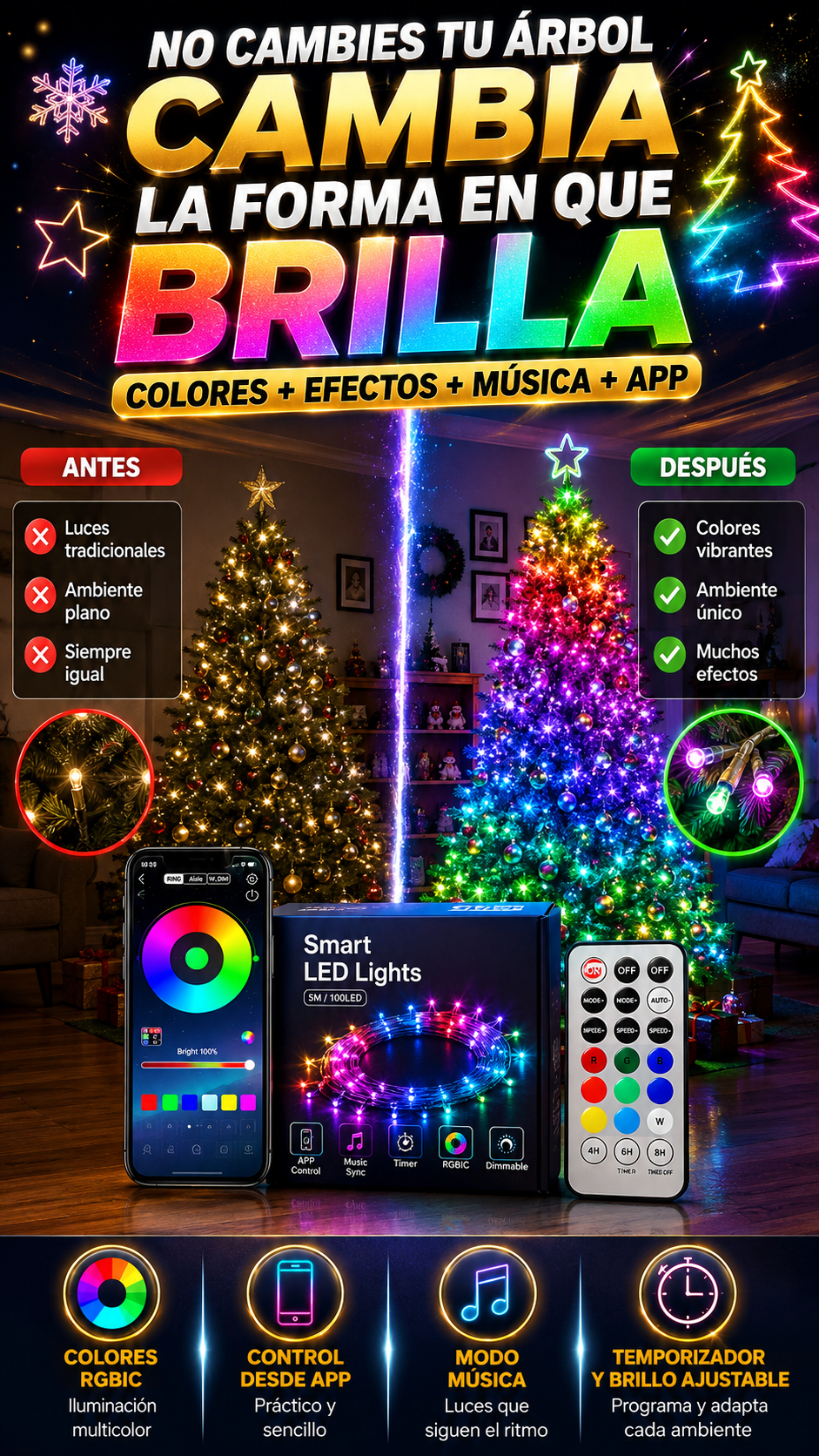 Serie de Luces LED Inteligentes de 5 m — Haz que tu árbol cobre vida