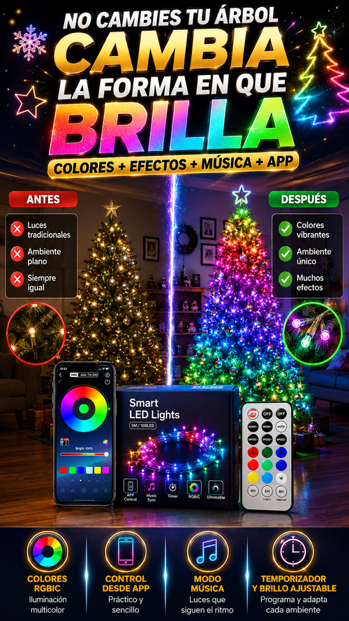 Serie de Luces LED Inteligentes de 5 m — Haz que tu árbol cobre vida