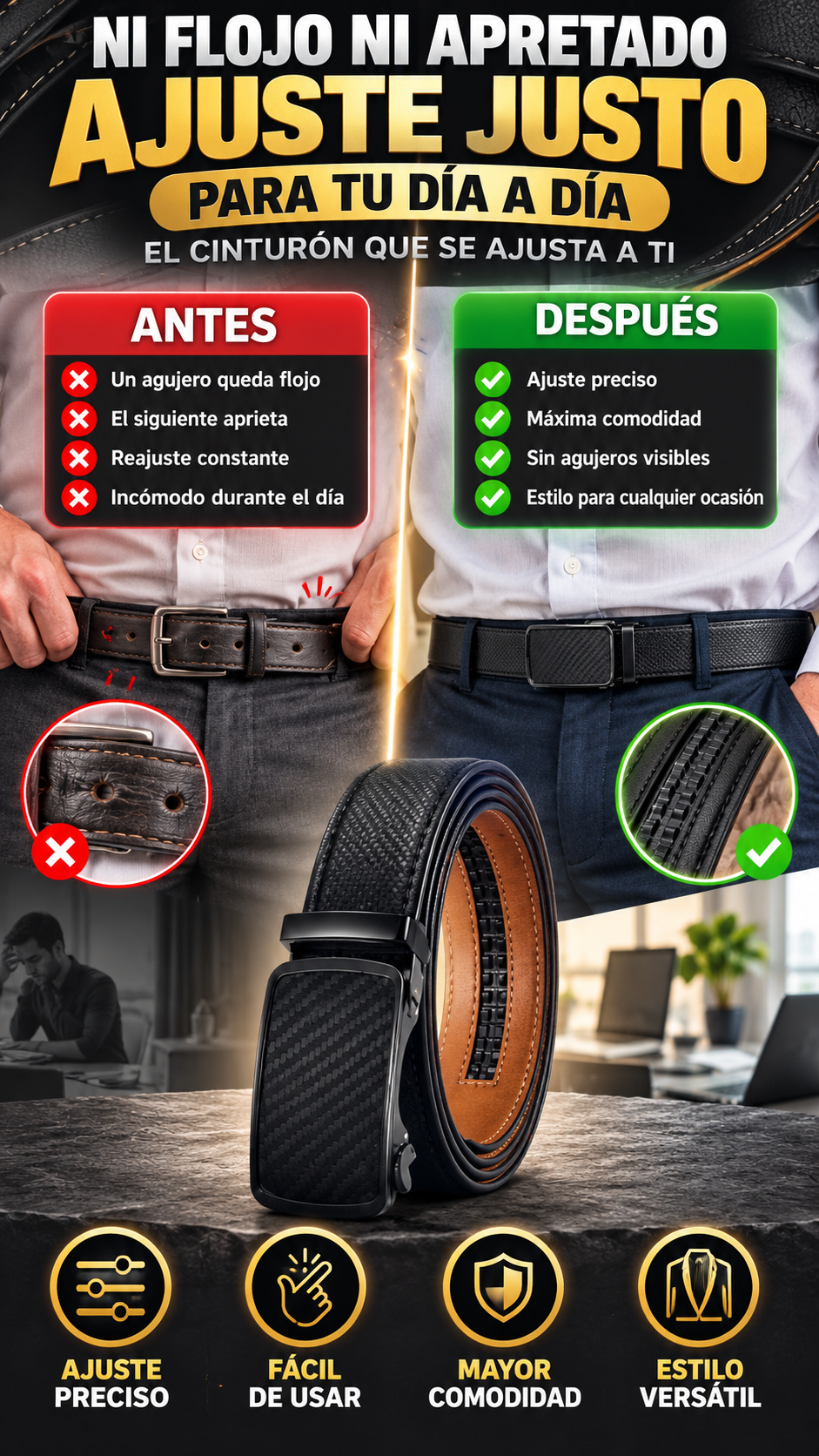 Cinturón para Hombre con Hebilla Automática — Ajuste más preciso sin agujeros