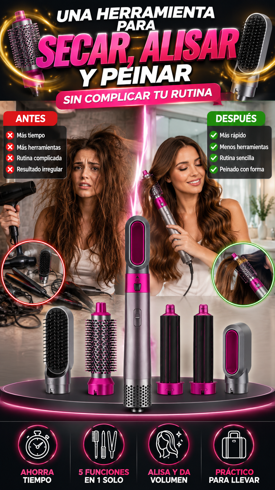 Cepillo de Aire Caliente 5 en 1 — Simplifica tu rutina de peinado