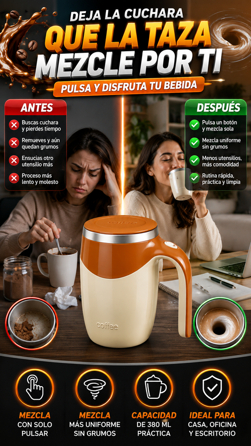 Taza Eléctrica Autoagitadora de 380 ml — Mezcla tu bebida sin cuchara