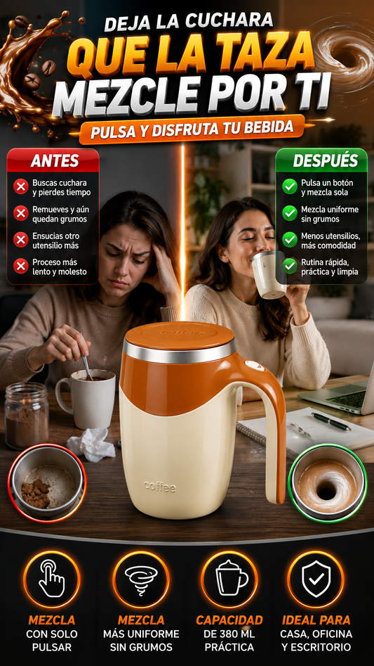 Taza Eléctrica Autoagitadora de 380 ml — Mezcla tu bebida sin cuchara