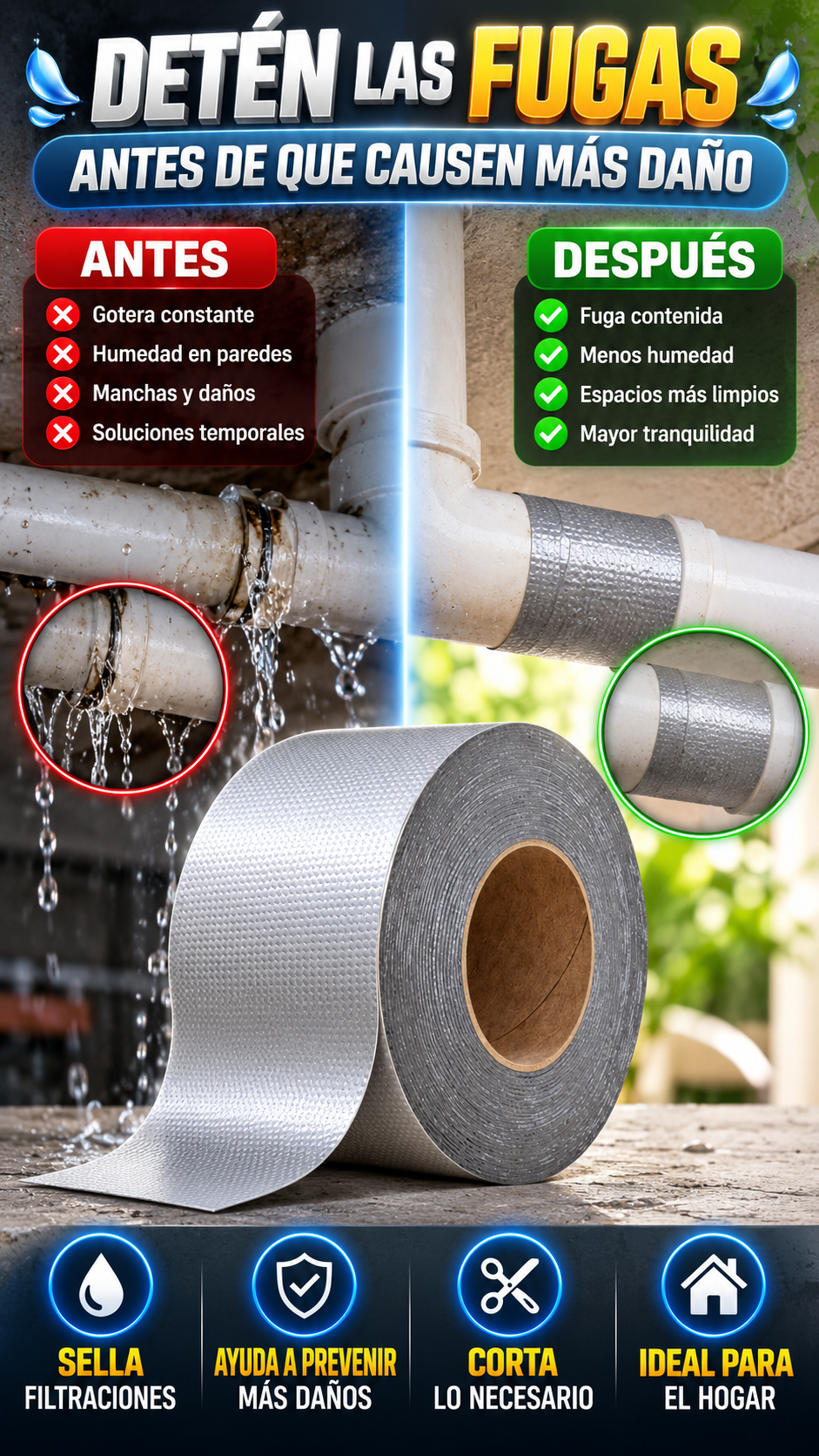 Cinta Impermeable de Reparación Tapagoteras — Ayuda a contener fugas rápidamente