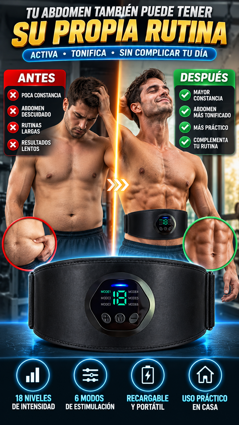 Cinturón de Electroestimulación Muscular Abdominal Recargable — Complementa tu rutina de activación