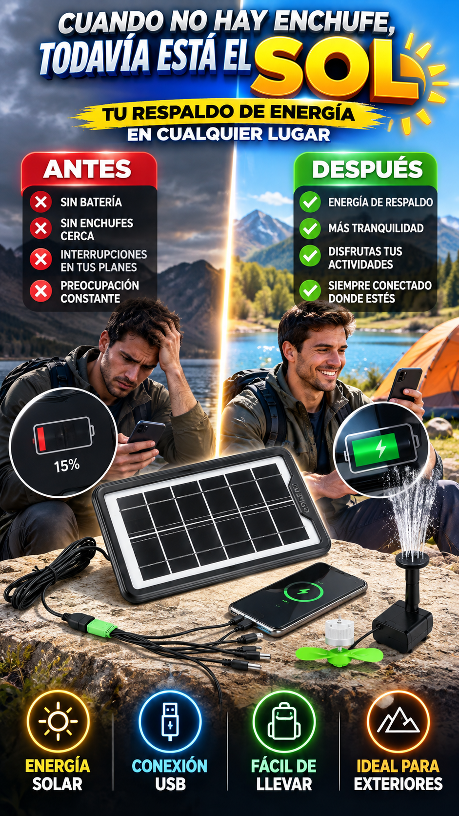 Panel Solar Portátil Multifunción 3W USB — Energía de respaldo lejos del enchufe