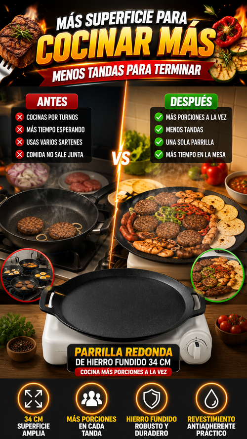 Parrilla Redonda de Hierro Fundido 34 cm — Cocina más porciones a la vez