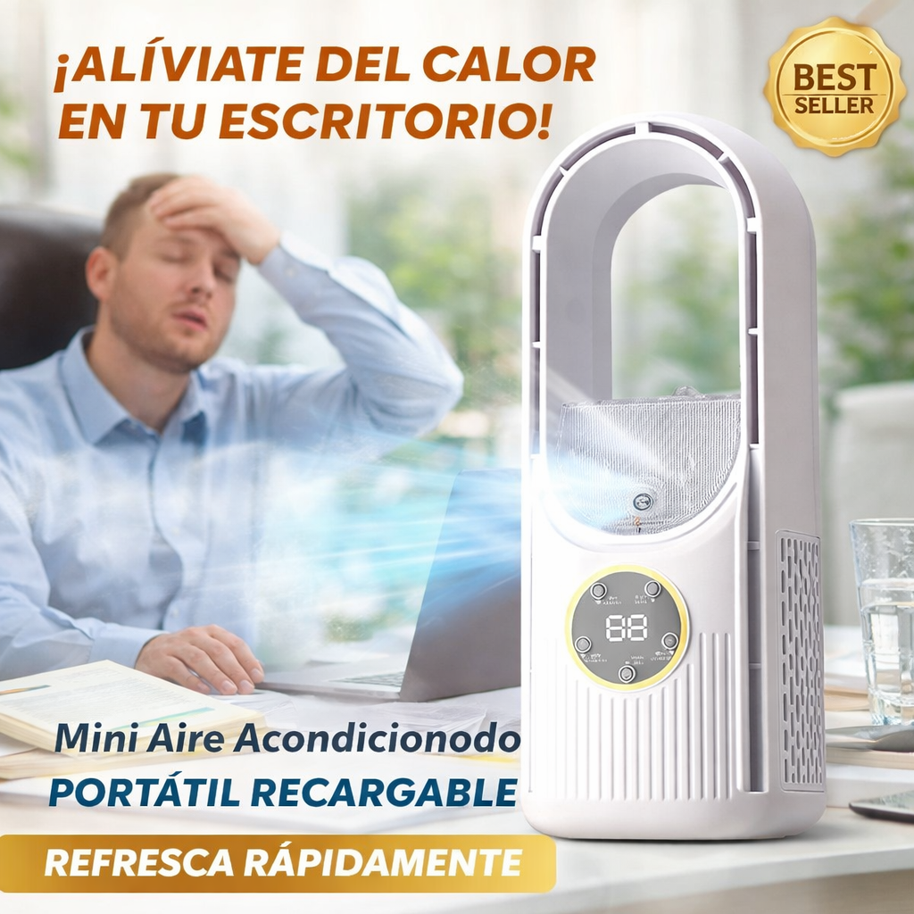 Mini ventilador de escritorio sin aspas con función de humidificador.