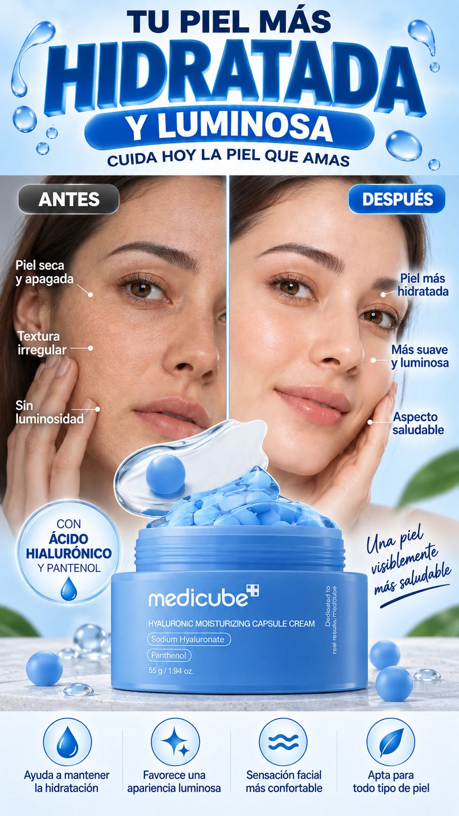 Medicube Crema Hidratante Facial en Cápsulas con Ácido Hialurónico — Hidratación intensa y apariencia luminosa