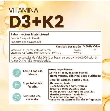 Vivonu vitamina D3 + Gominolas suaves K2 con aceite de coco, vitamina D 2 en 1 y complejo K para apoyar la absorción de calcio, fórmula premium, 300 gominolas blandas, fáciles de tragar.