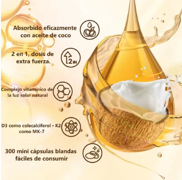 Vivonu vitamina D3 + Gominolas suaves K2 con aceite de coco, vitamina D 2 en 1 y complejo K para apoyar la absorción de calcio, fórmula premium, 300 gominolas blandas, fáciles de tragar.