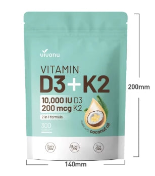Vivonu vitamina D3 + Gominolas suaves K2 con aceite de coco, vitamina D 2 en 1 y complejo K para apoyar la absorción de calcio, fórmula premium, 300 gominolas blandas, fáciles de tragar.
