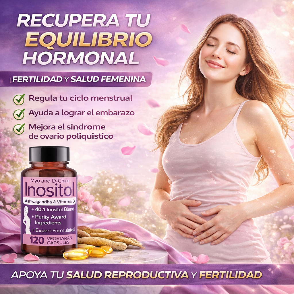 Suplemento alimenticio de Myo-Inositol & D-Chiro -para apoyar el equilibrio hormonal femenino, la salud reproductiva y la fertilidad. 