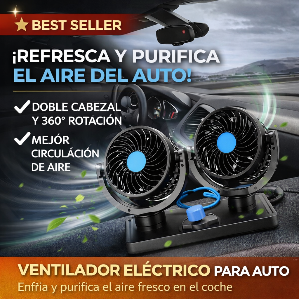 Ventilador Eléctrico de Doble Cabezal para Auto- de 12V y 360° rotativo