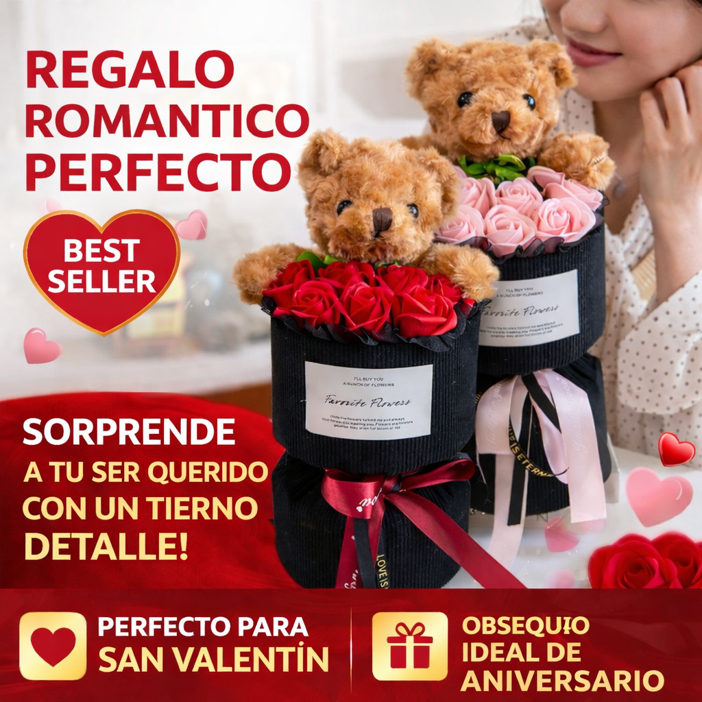 Ramo de rosas con osito de peluche para regalo romántico