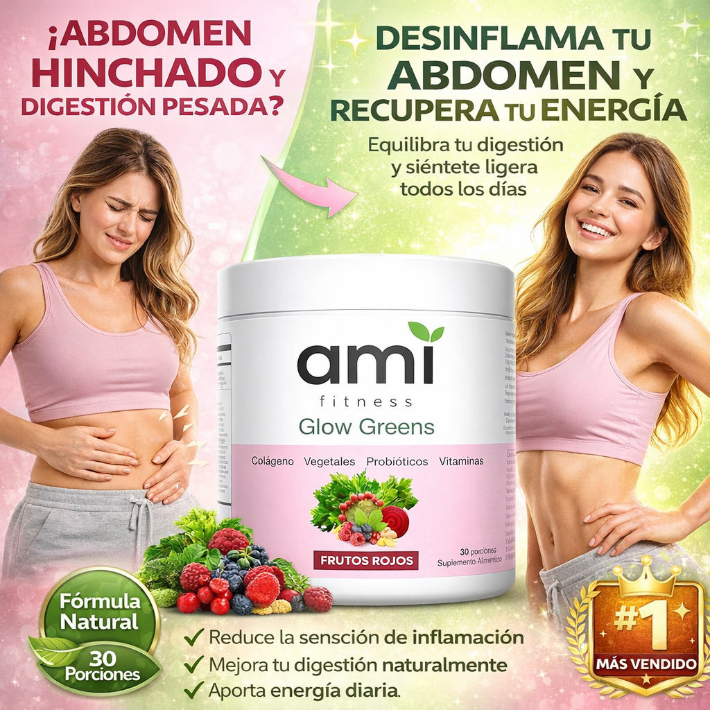 Suplemento AMI Fitness Glow Greens -desinflama tu abdomen, mejora la digestión y te llena de energía