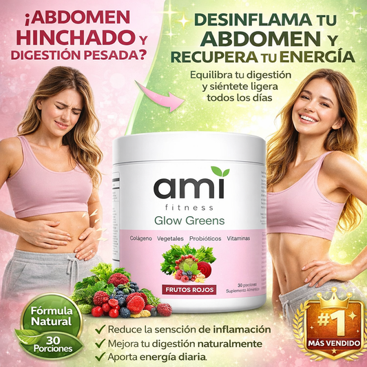 Suplemento AMI Fitness Glow Greens -desinflama tu abdomen, mejora la digestión y te llena de energía