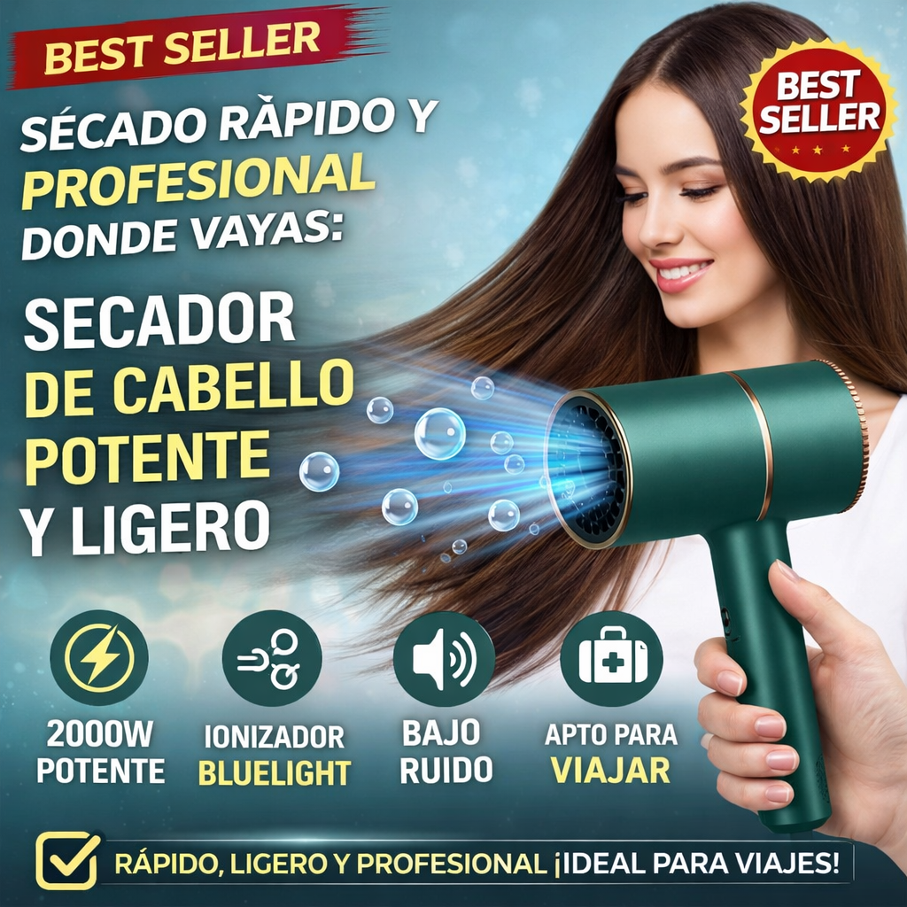 Secador de cabello de iones ligeros,  potente, secado rápido,  de bajo ruido