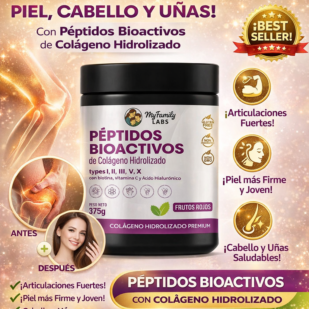 Péptidos bioactivos con colágeno hidrolizado - Promueve articulaciones fuertes, piel más firme, y cabello y uñas saludables.