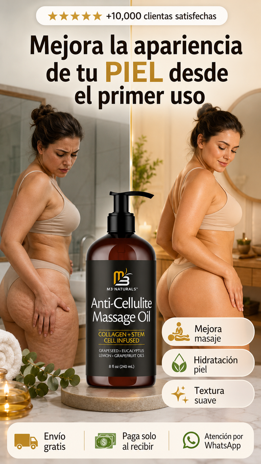 Aceite de Masaje Anticelulítico con Colágeno y Extractos Naturales M3 Naturals (Aceite corporal hidratante para masajes y drenaje)